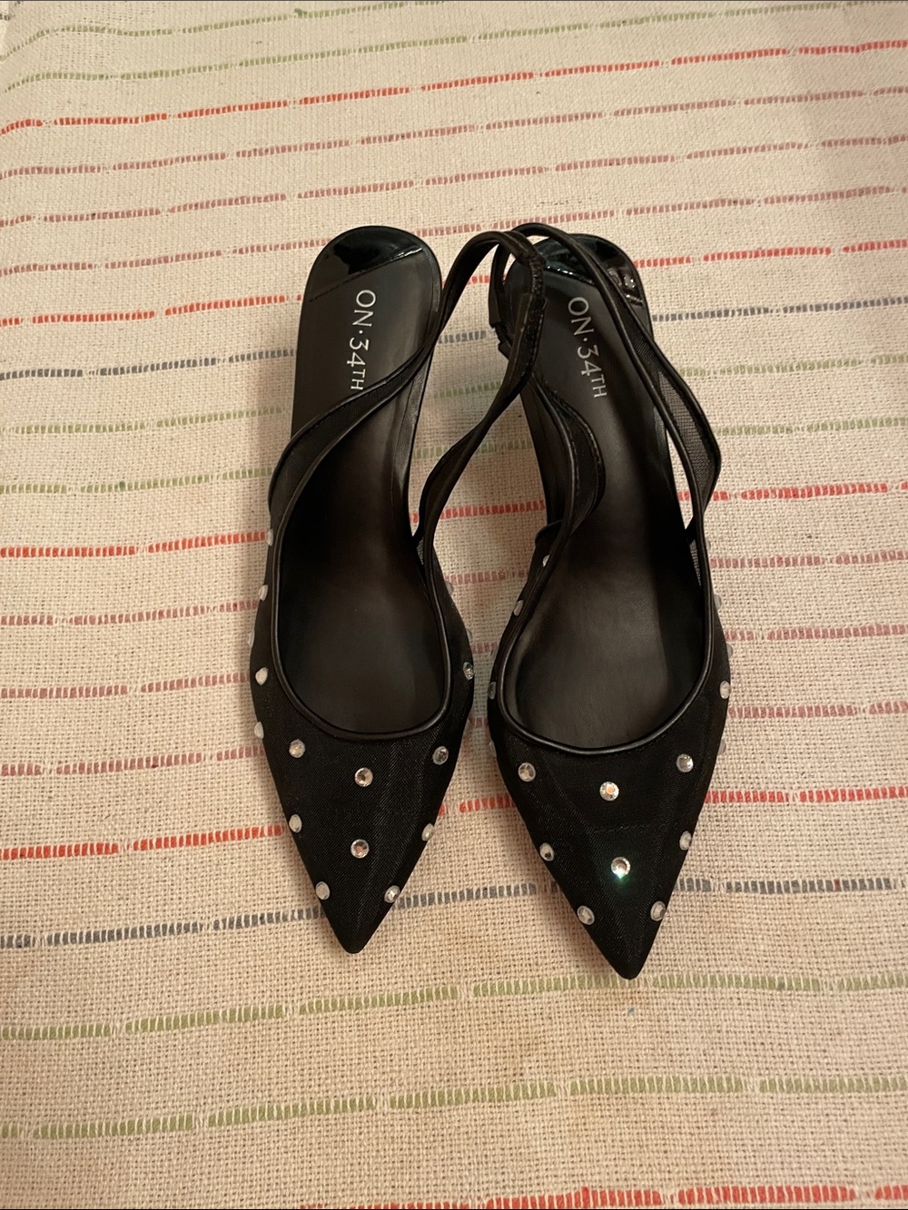 On 34th Black Studded Pointed-Toe Slingback Heels